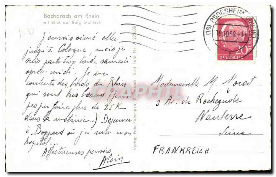 Bacharach am Rhein — Ansicht des Schlosses Burg Stahleck — Verlag Foto-Potempka, Nr. A 203038 — Rückseite