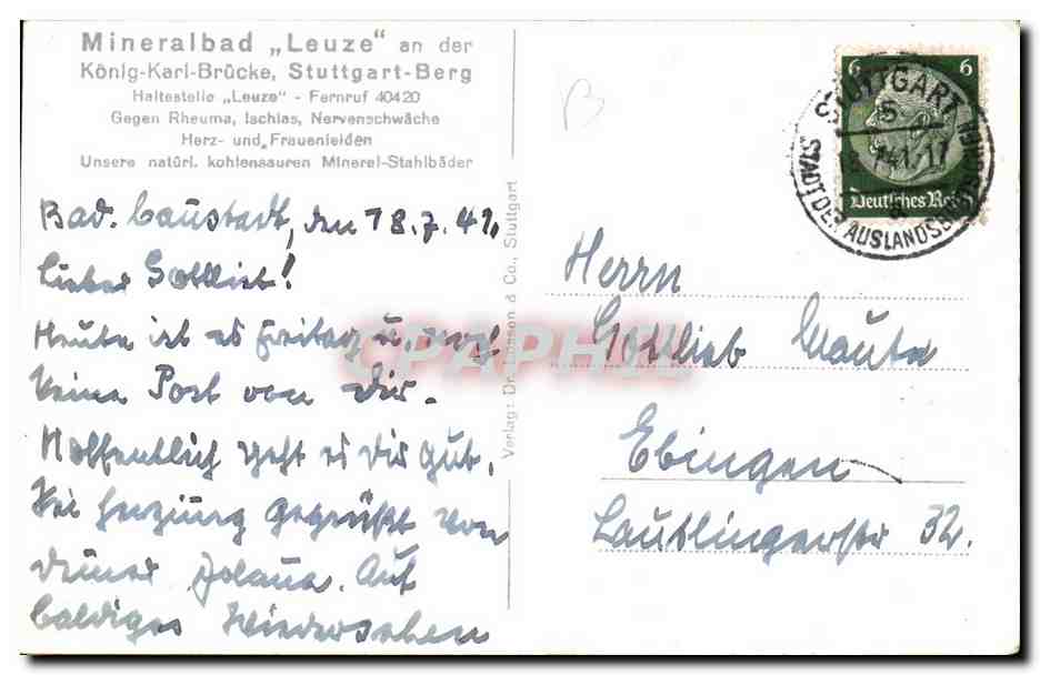 Mineralbad „Leuze“ an der König-Karl-Brücke — Haltestelle „Leuze“ — Verlag Dr. Läppen & Co., Stuttgart — Reverso