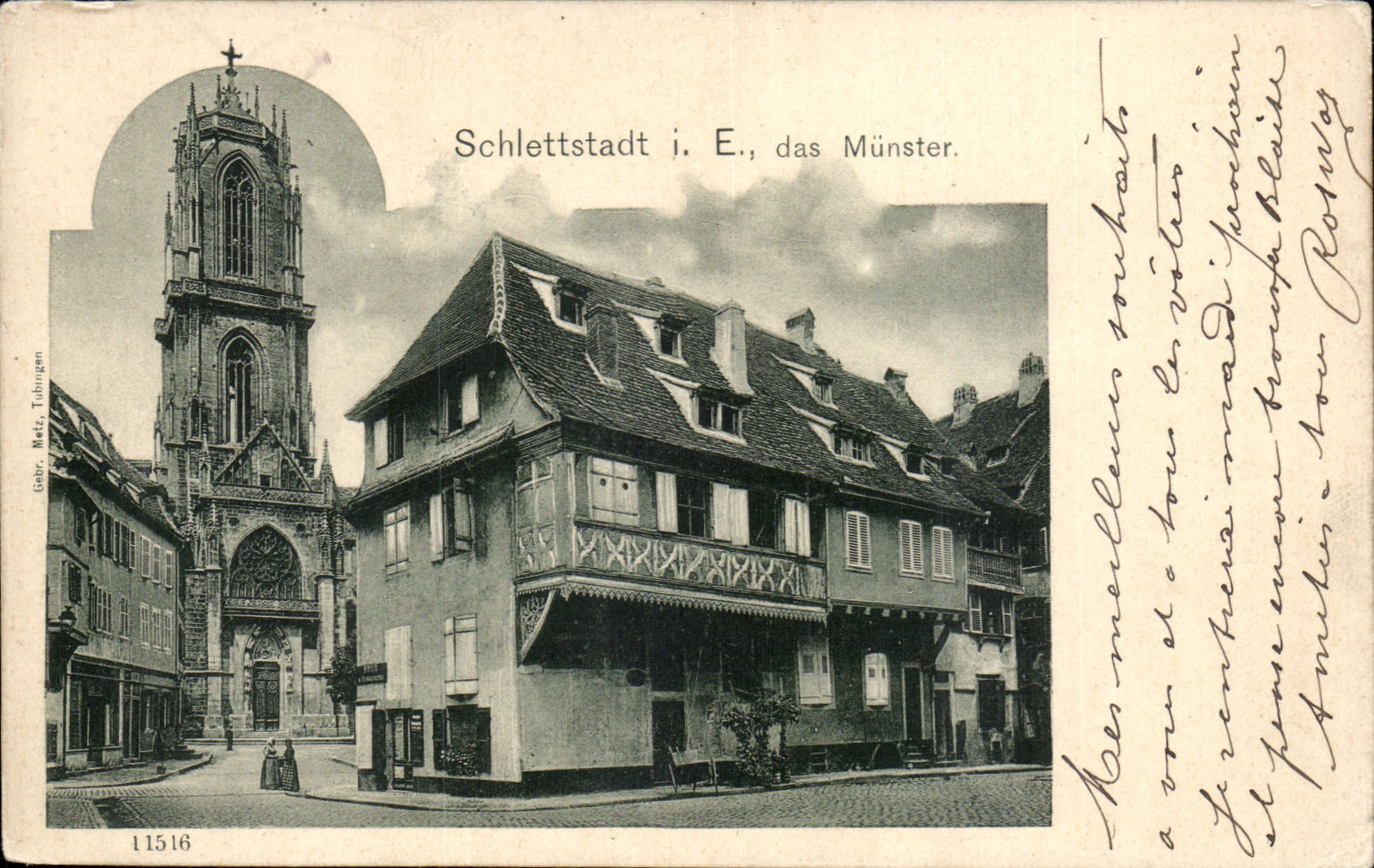 Schlettstadt i. E., das Münster — vue du clocher et d'un bâtiment à balcon — éditeur Matt, Tübingen, n° 11516