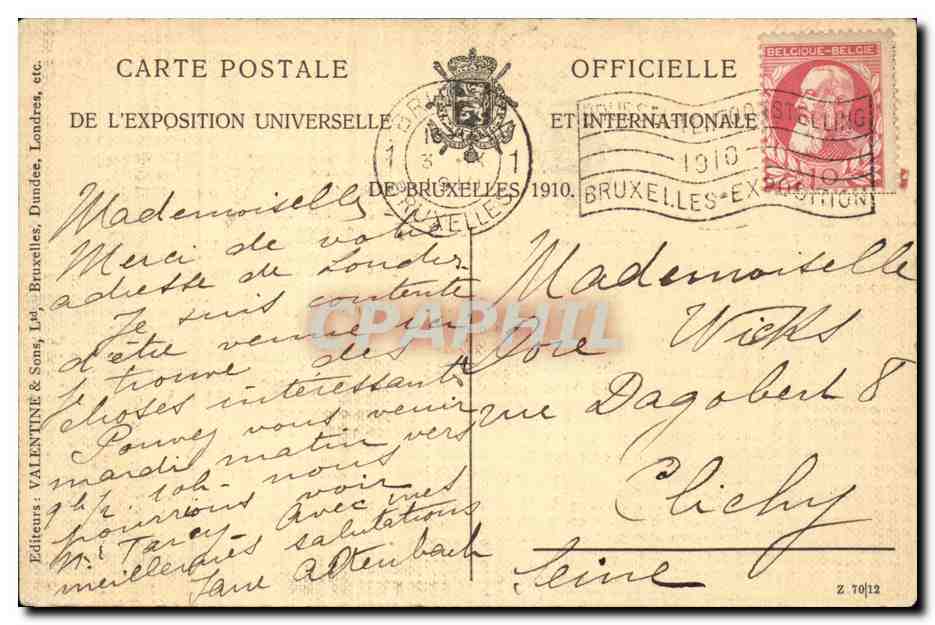 Belgie Belgique CPA Exposition de Bruxelles 1910 Jardins hollandais — Rückseite