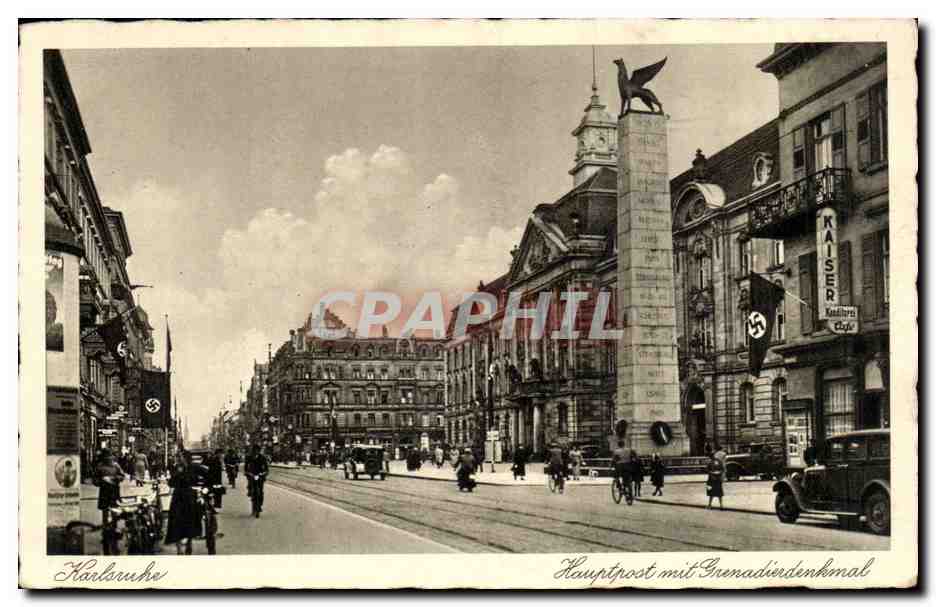 Allemagne Karlsruhe CPA Hauptpost mit Grenadierdenkmal (croix gammees svastika)