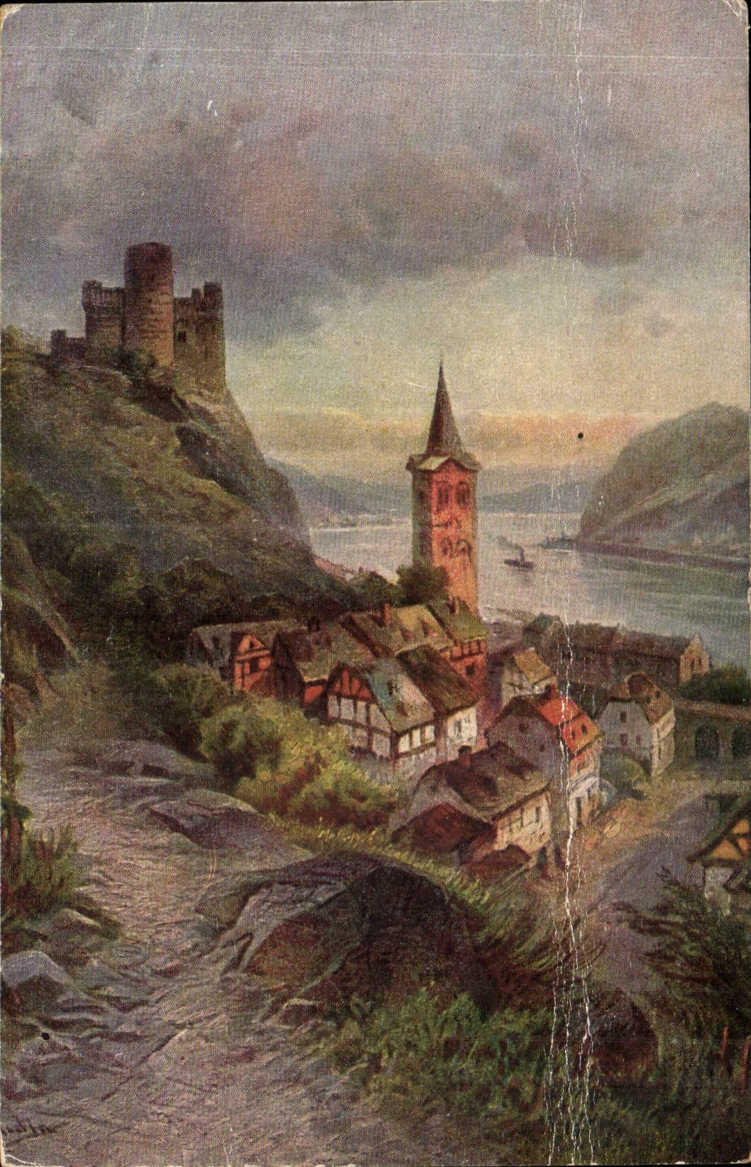 Burg Maus — vue du château et du village au bord du Rhin — Astudio Karten von Rhein-Köln, n° 130