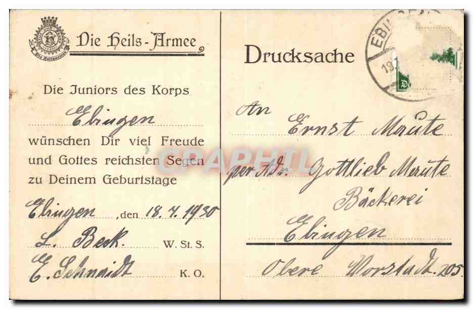 Chlingen — Geburtstagskarte der Salvation Army — Drucksa — Rückseite