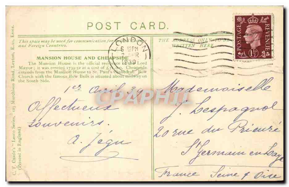 Angleterre - England - Mansion House and Cheapside CPA  — Rückseite