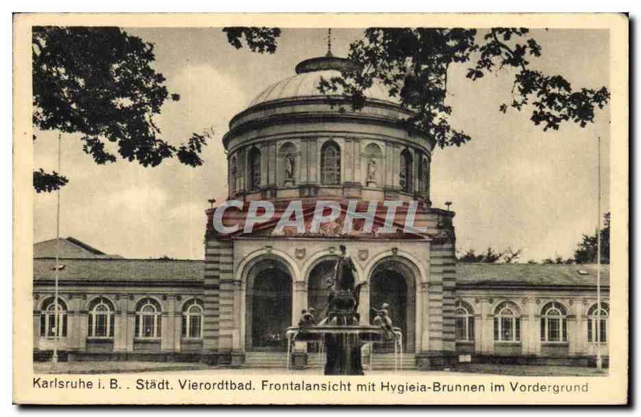 Allemagne CPA Karlsruhe Stadt Vierordtbad Frontalansicht mit Hygieia Brunen im Vordergrund