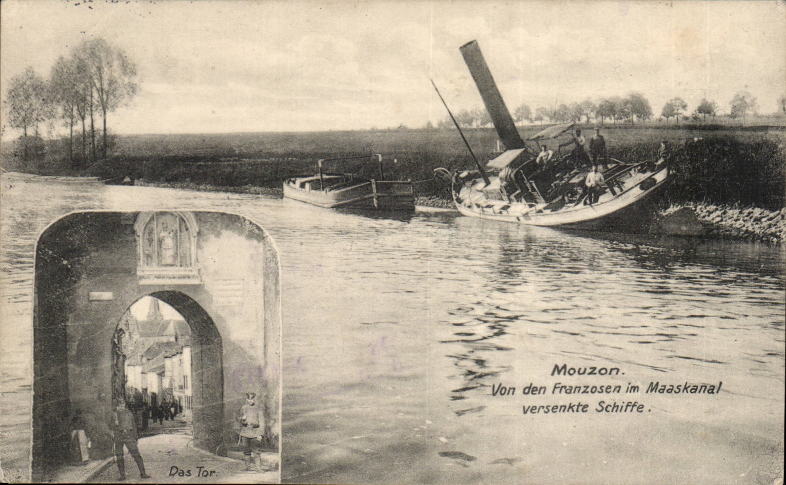 Mouzon — Schiffe versenkt von den Franzosen im Maaskanal — Feldpostkarte