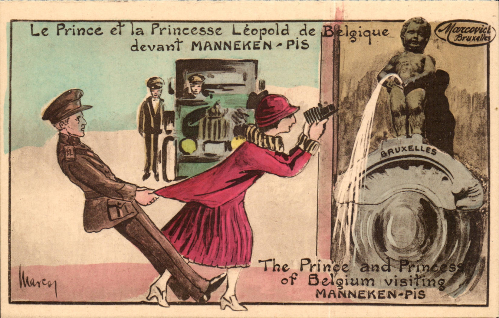 Le Prince et la Princesse Léopold de Belgique devant MANNEKEN-PIS — Marco Marcovici, Bruxelles
