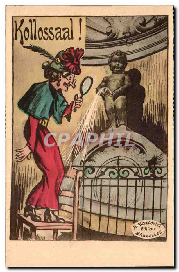 Kollossaal ! — caricature of a character with mirror in front of a statue in Brussels — publisher M. Marcovici, Brussels