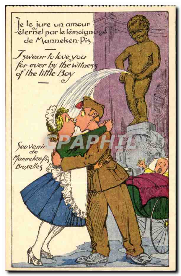 Couple s'embrassant devant la statue de Manneken-Pis — Bruxelles — éditeur A. Dohmen