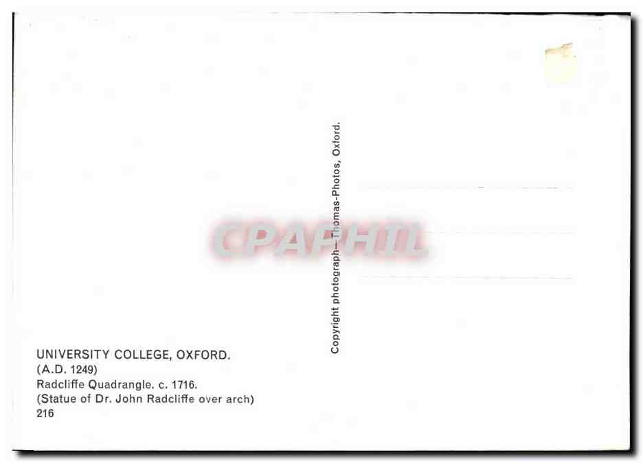 Grande Bretagne University college Oxford CPM Radcliffe Quadrangle — Rückseite