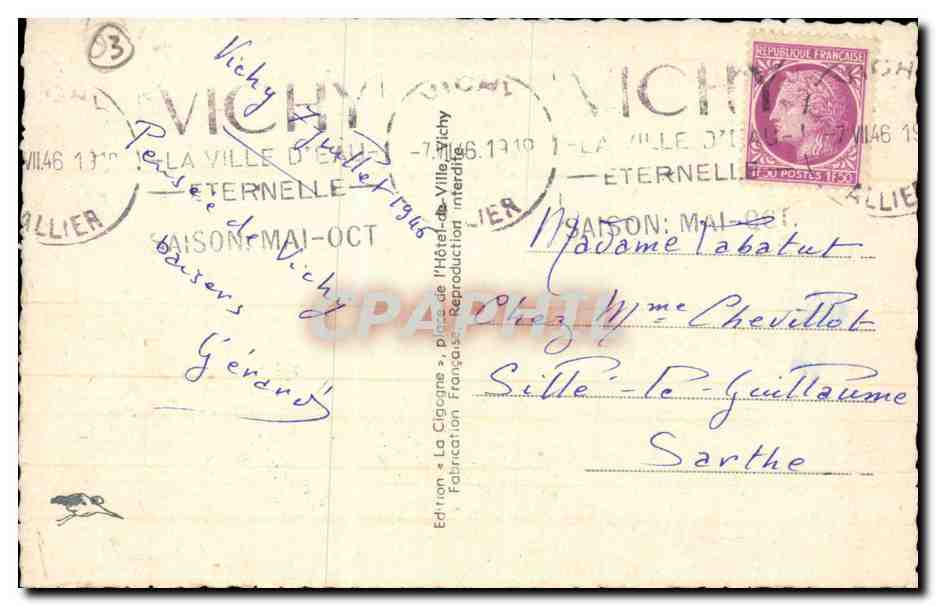 Vichy CPA Le casino vu de cote — Verso