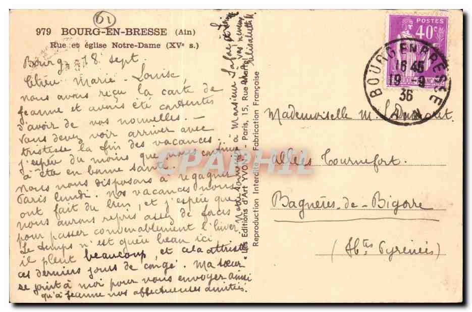 Bourg en Bresse CPA Rue et eglise Notre Dame — Back