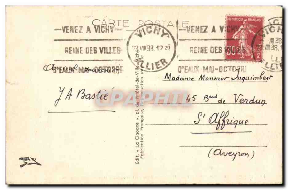 Vichy CPA Dans les grands parcs Le bassin des cygnes — Verso