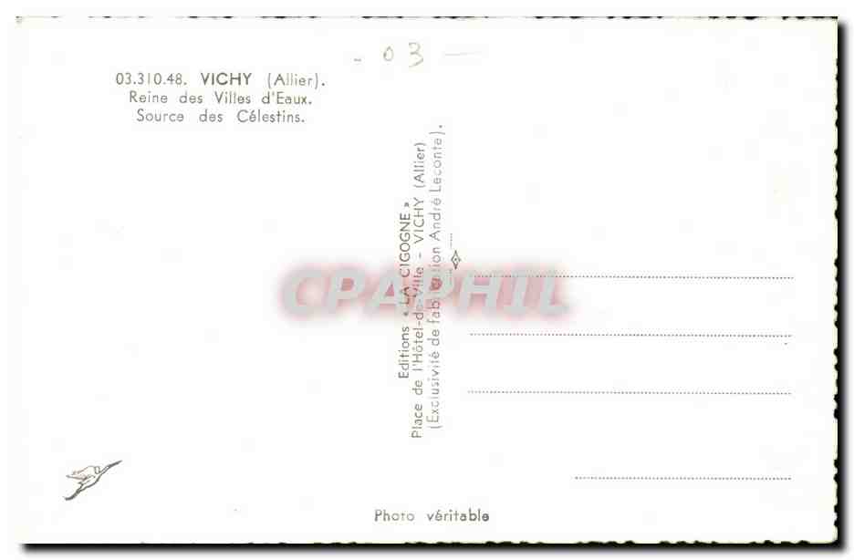 Vichy CPA Reine des villes d'eaux Source des CElestins — Verso