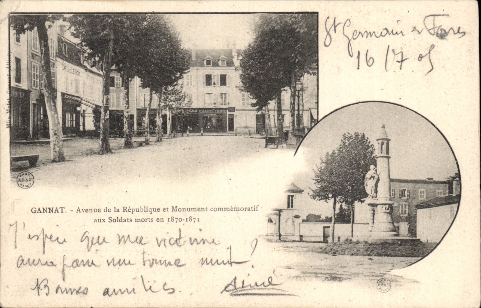 Gannat — Avenue de la République et Monument commémoratif aux Soldats morts en 1870-1871 — éditeur G. Vichard, n° 14