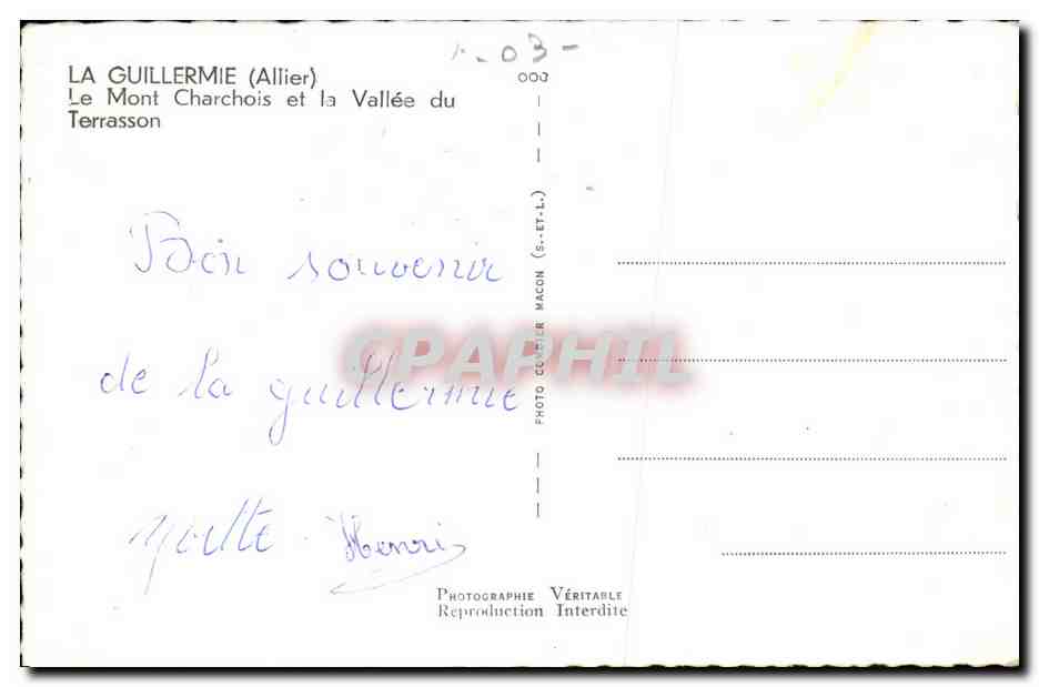 La Guillermie (Allier) — Le Mont Charchois et la Vallée du Terrasson — Photo C. Guillermie — Verso