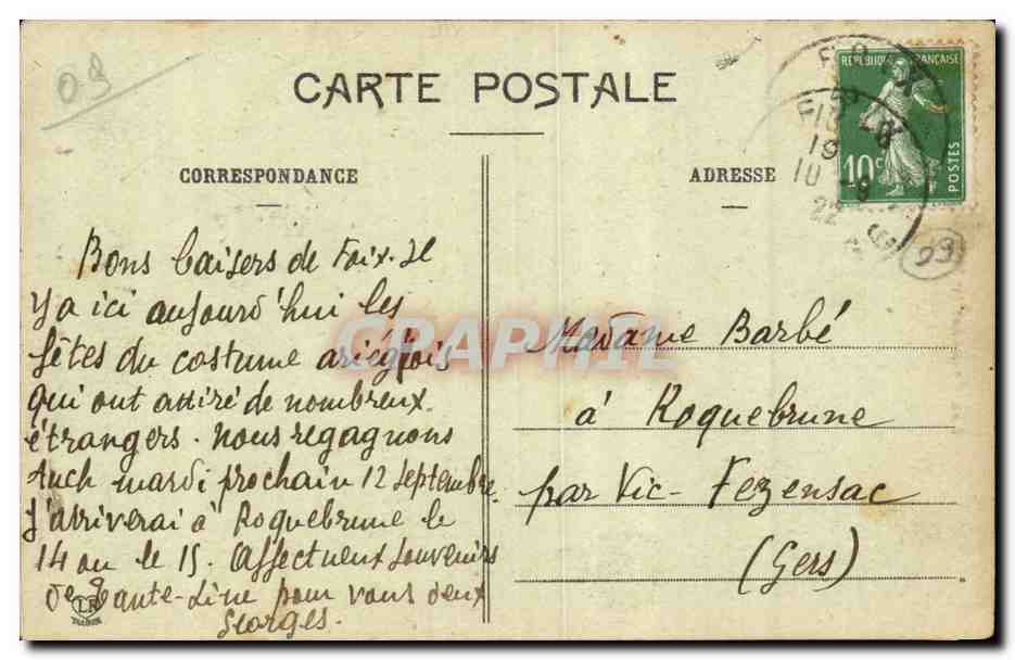 CPA Ariege Bethmalaise (folklore costume) — Verso