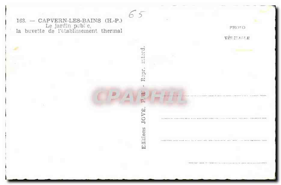 Capvern-les-Bains — Le jardin public, la buvette de l'établissement thermal — Éditions JOVE, Pau — Verso