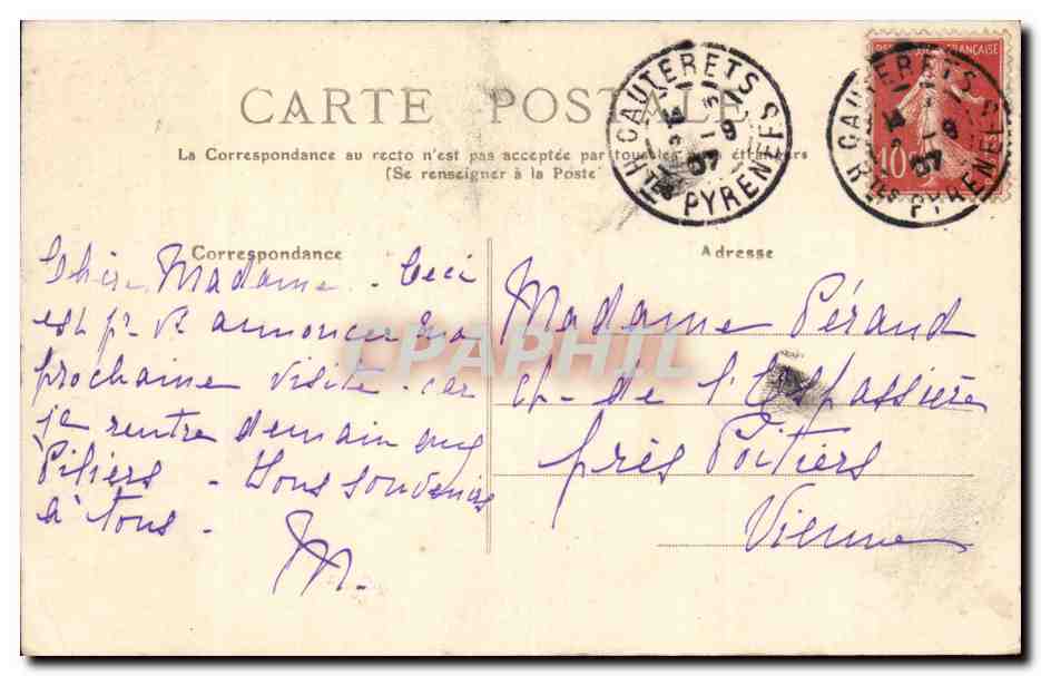 Les Pyrénées — 28 - CAUTERETS, Cascade de Lutour (Al. 1098 m.) — Couget, éditeur, Cauterets — Verso