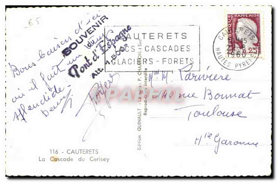 Cascade du Cerisey — Cauterets — Édition Quinault — Verso