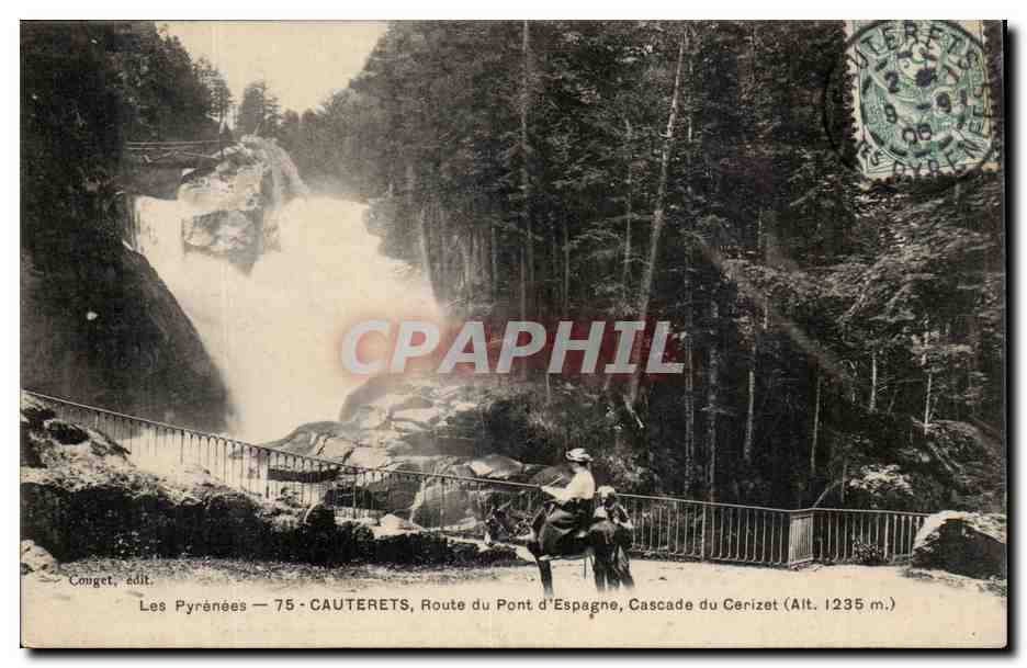 Les Pyrénées — 75 - CAUTERETS, Route du Pont d'Espagne, Cascade du Cerizet (Alt. 1235 m.) — Couget, édit.
