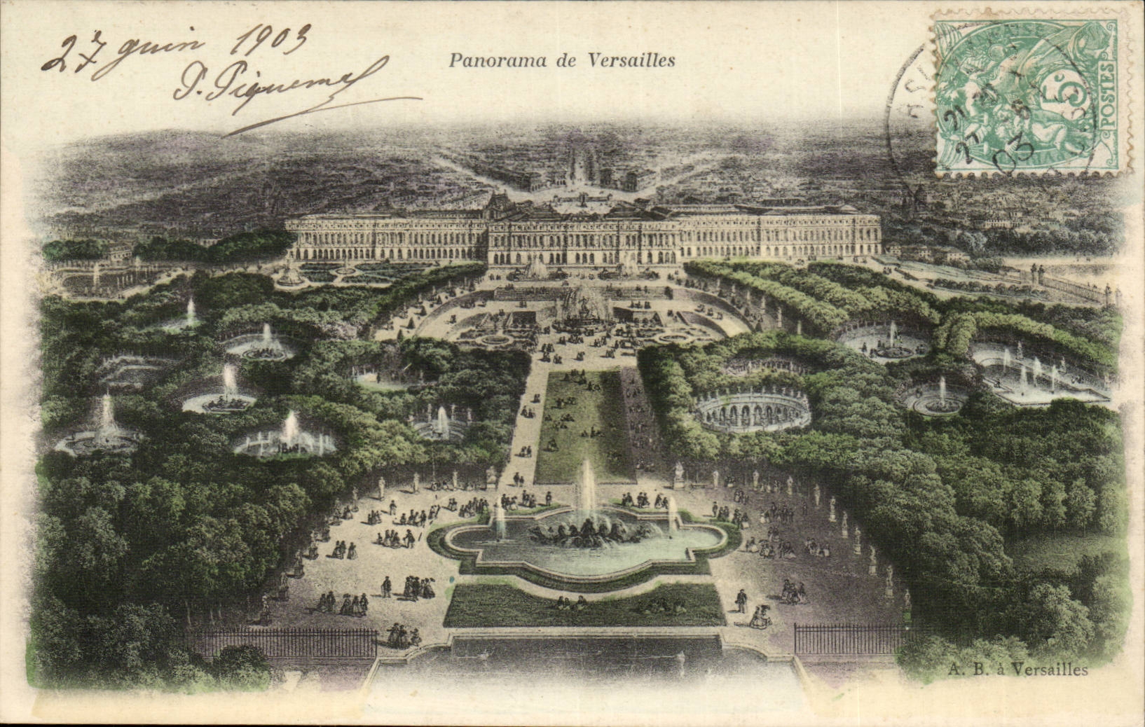 Panorama de Versailles — vue aérienne du château et des jardins — A. B. à Versailles