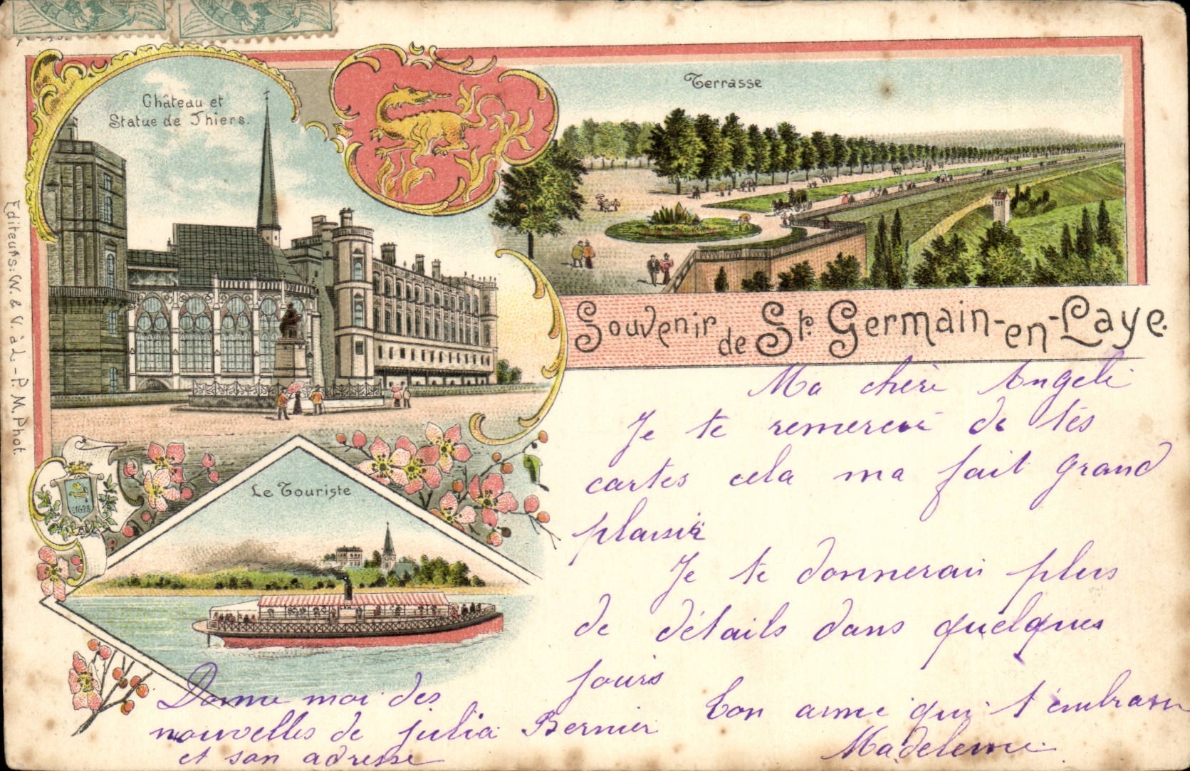 Castillo y Estatua de Thiers — Terraza — Recuerdo de St Germain-en-Laye — Editores L. & A.L. P. M. Hot