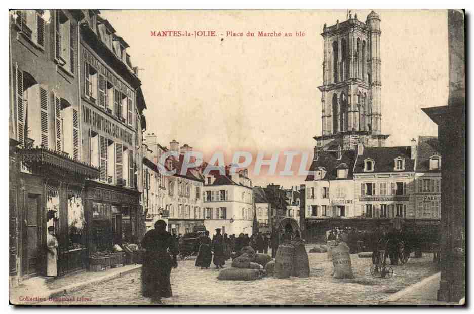 MANTES-la-JOLIE - Piazza del Mercato del grano — vista della torre della chiesa con negozi e passanti