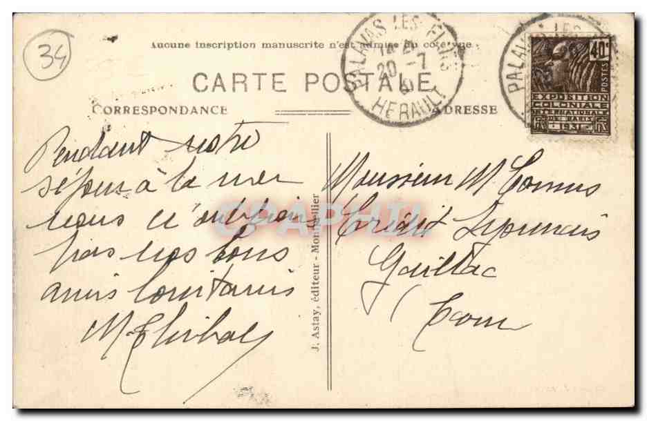 Palavas les Flots CPA Rive droite le grand hotel — Rückseite