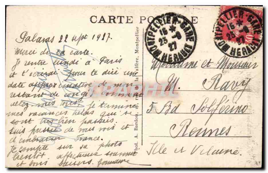 Palavas les Flots CPA Un coin de notre plage — Verso