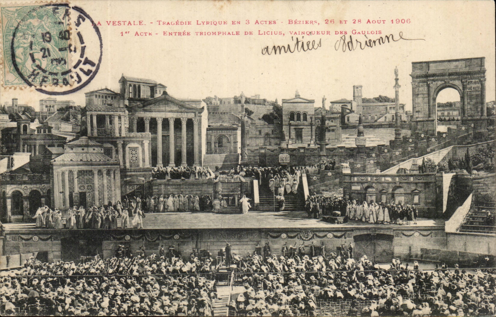La VEstale CPA Tragedie lyrique en 3 actes Beziers 26 et 28 aout 1906 Entree triomphale de Licius Gaulois (theatre)