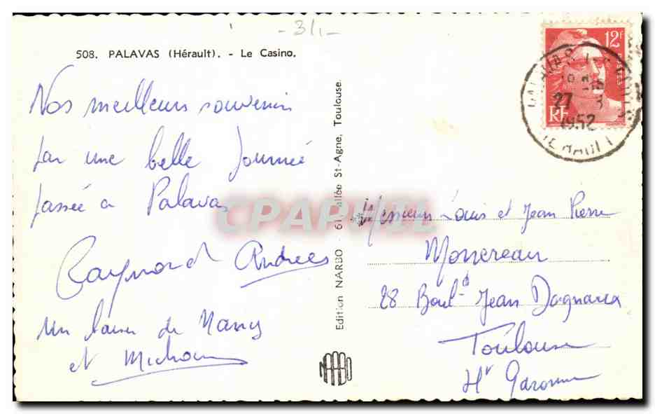 Palavas-les-Flots — Le Casino — Édition NARBO, n° 508 — Back