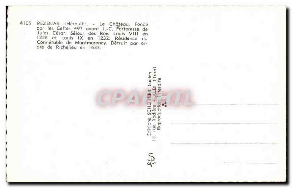 Pezenas CPM Le chateau fonde par les celtes 497 avant JC (Jules Cesar Louis VIII et Louis IX° — Back