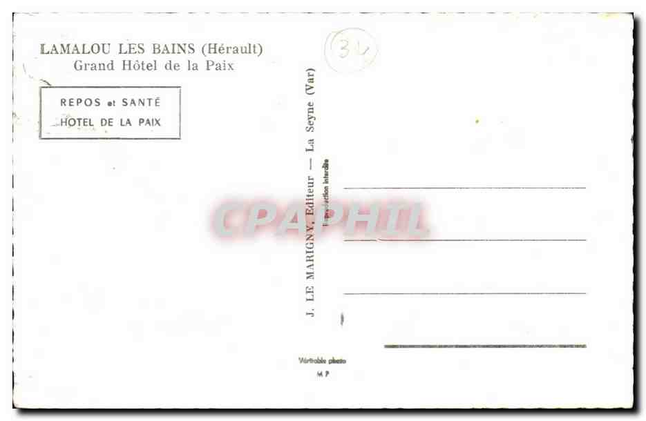 Lamalou les Bains - Grand Hotel de la Paix - CPA  — Back
