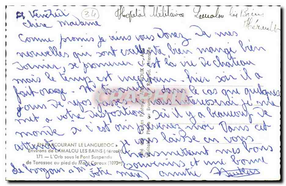 Pont suspendu de Tarassac — Environ de Lamalou-les-Bains — Éditeur APA — Verso