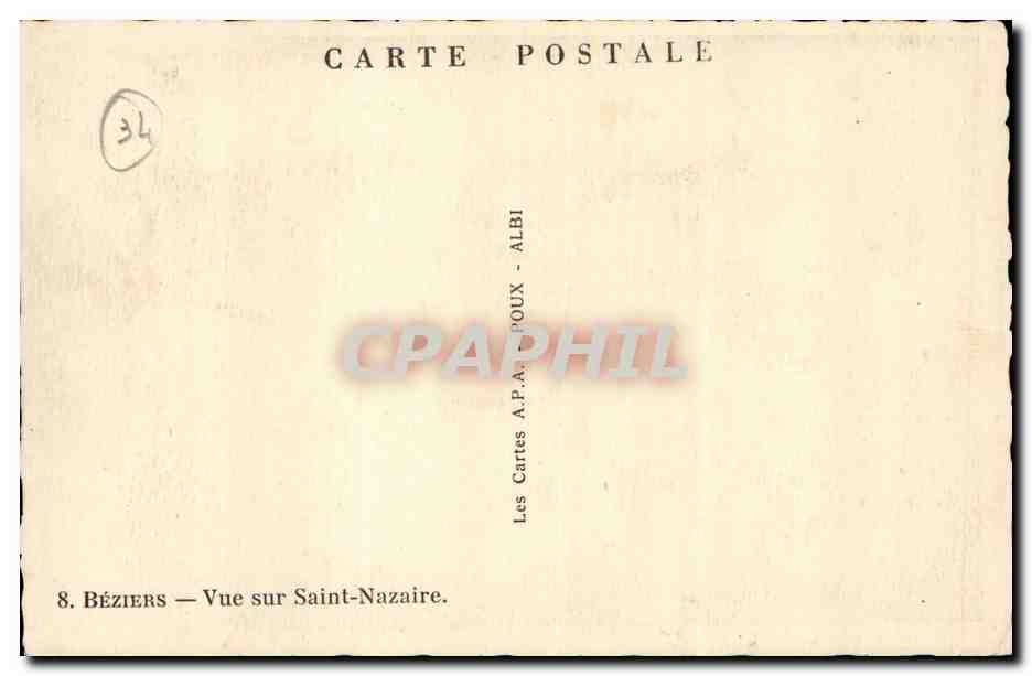 Béziers — Vue sur Saint-Nazaire — Éditeur A.P.A. POUX - ALBI — Rückseite