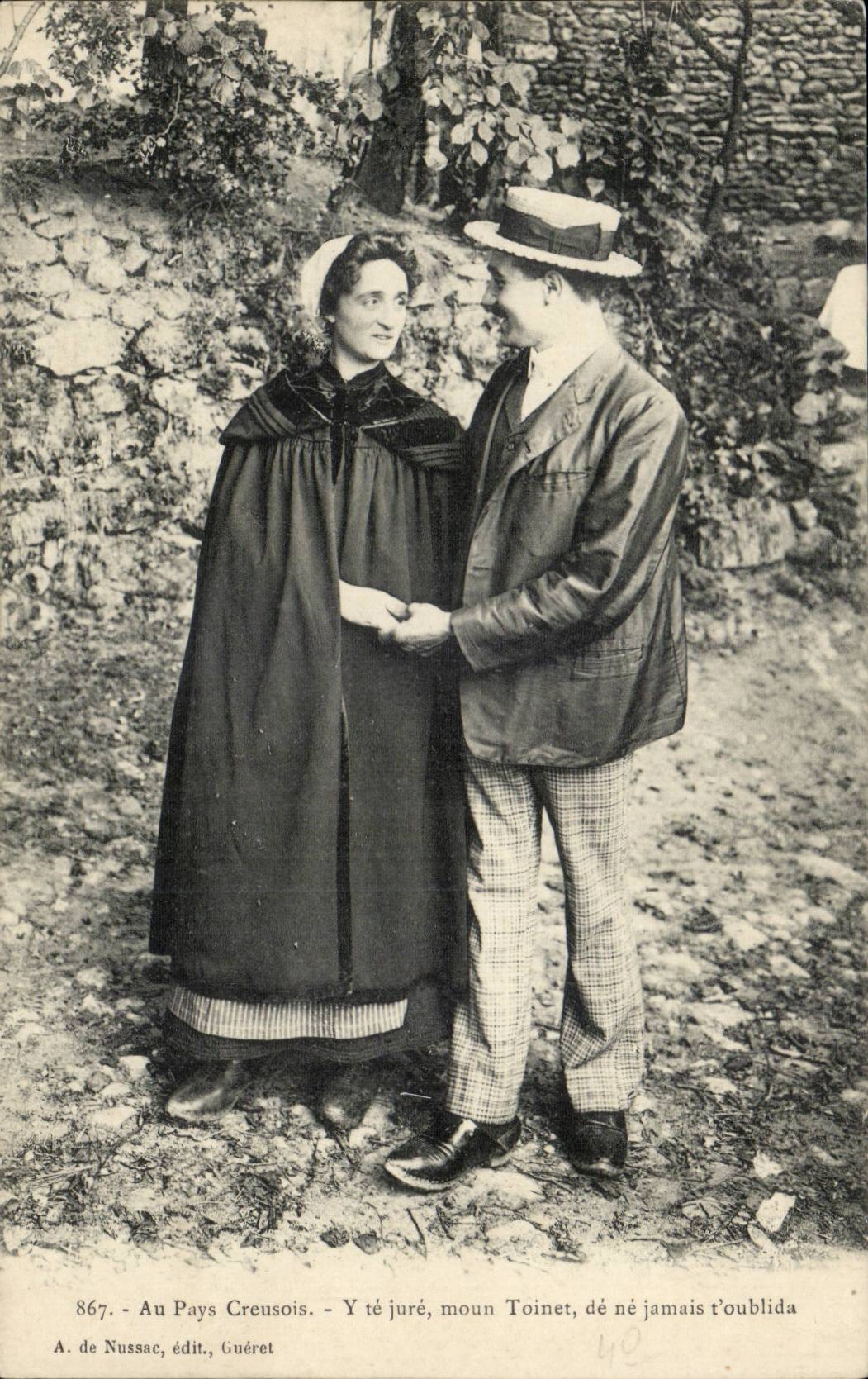 Creuse CPA Au pays Creusois Y te jure moun Toinet de ne jamais t'oublida (folklore costumes)