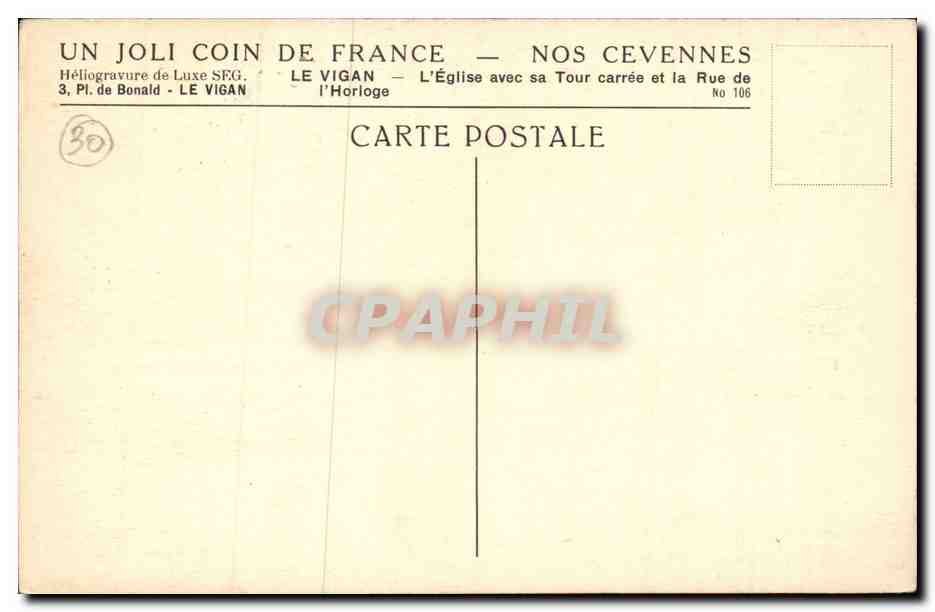 Le Vigan - L'Eglise avec sa Tour carree et la Rue de l'Horloge CPA  — Rückseite