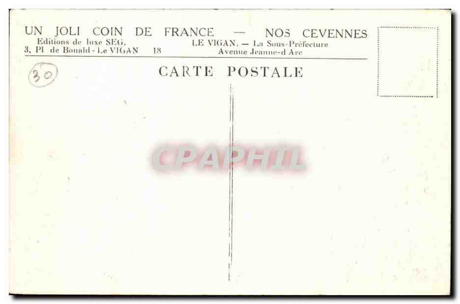Le Vigan CPA La sous Prefecture Avenue Jeanne d'arc — Rückseite