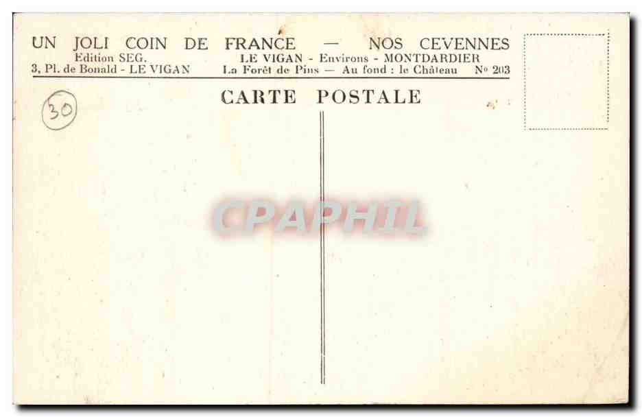 Forêt de Pins — Montdardier — Château en arrière-plan — Édition SEG, Le Vigan — Achterkant