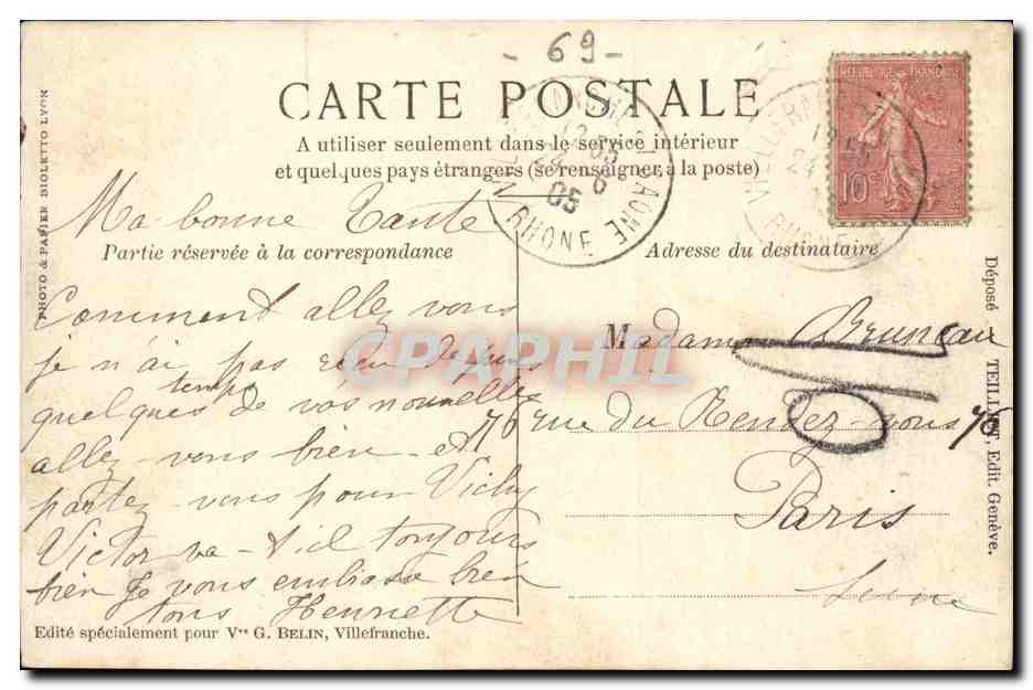 Villefranche-sur-Saône — Souvenir de Villefranche — Édité spécialement pour V° G. BELIN — Verso