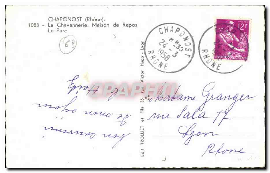 Chaponost (Rhône) — La Chavannerie, Maison de Repos — Edit TROLLIET et Fils — Verso