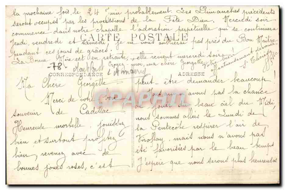 Fête-Dieu — procesión y retiro — Tarjeta postal de Cadillac — Reverso
