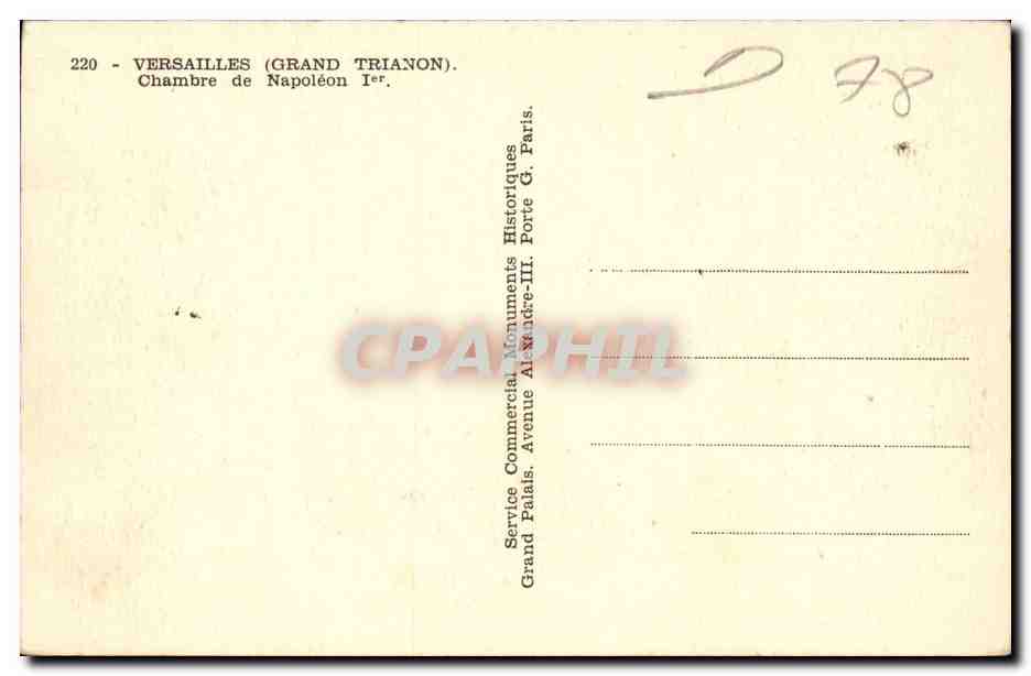 Versailles CPA Grand TRianon Chambre de Napoleon 1er — Verso