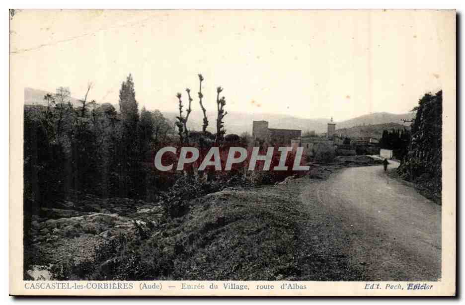Cascastel-les-Corbières (Aude) — Entrée du Village, route d'Albas — Ed.t. Pech, Epiciier