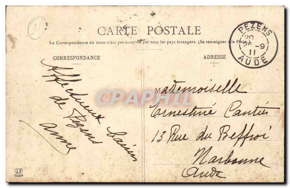 Pezens - Vue Generale - 13 rue de Beffroi Narbonne - Ernestine Cartier - CPA  — Rückseite