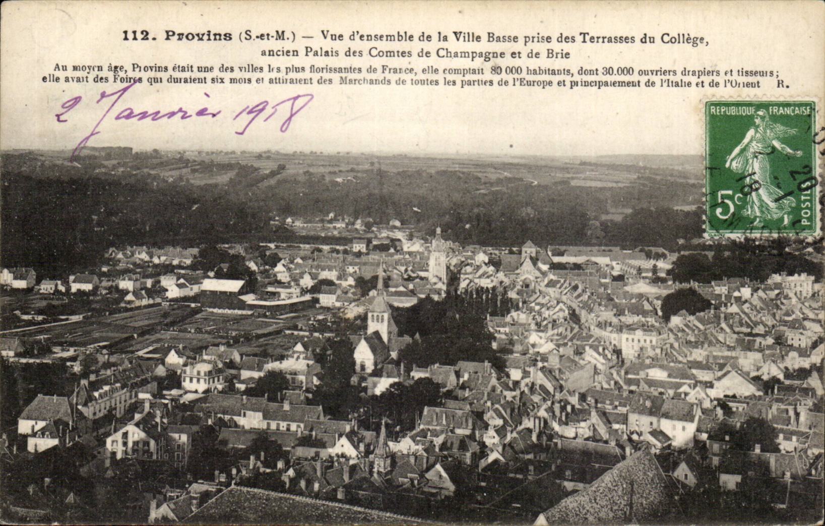 Provins (S.-et-M.) — Vue d'ensemble de la Ville Basse prise des Terrasses du Collège — éditeur Ollivier S. L., Bey-sur-Loire, n° 112