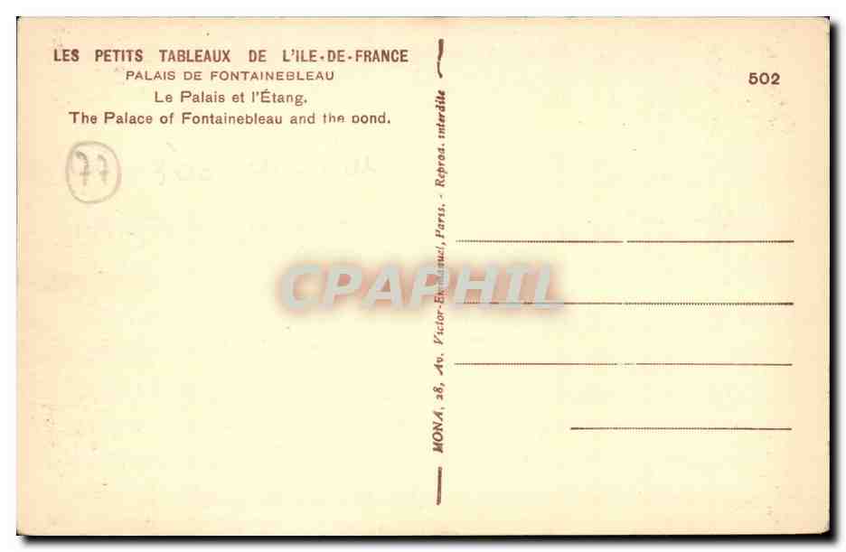 Palacio de Fontainebleau — El Palacio y el Estanque — editor Mona, n°502 — Reverso
