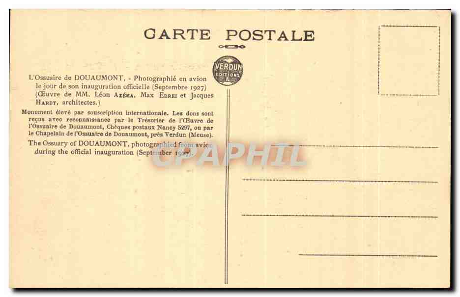Ossuaire de Douaumont — inauguration officielle — Éditions Verdun — Verso