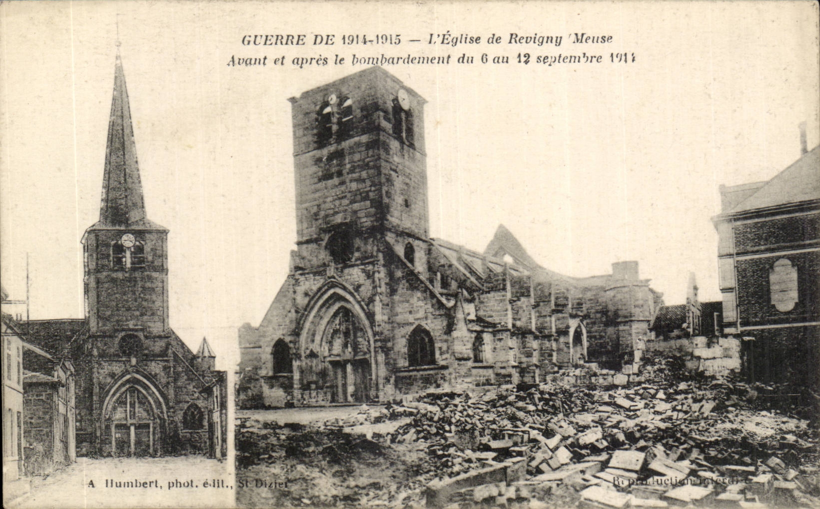 Église de Revigny-Meuse — avant et après le bombardement du 6 au 12 septembre 1914 — A. Humbert, phot. édit., St Dizier